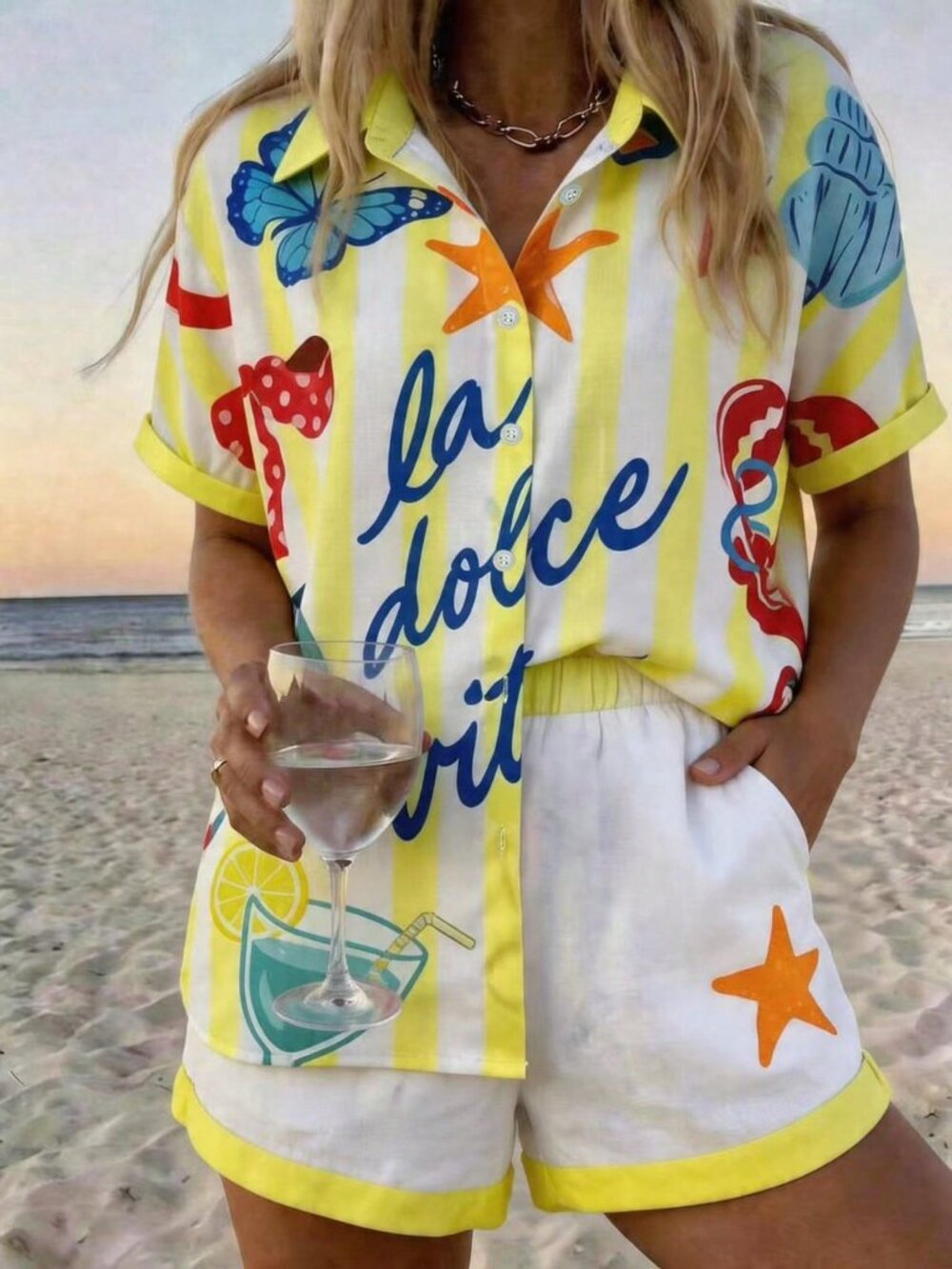 Light Yellow Casual Women's Vacation Striped Shirt And Shorts Set - Picture 3 of 5